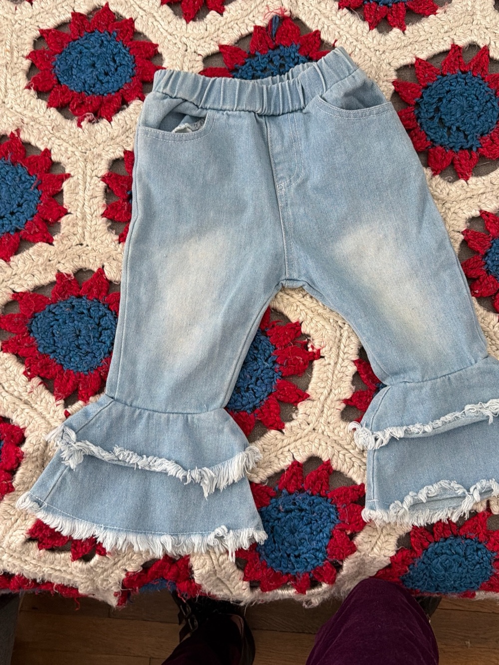 SHEIN Light Blue Ruffle Hem Kids Denim Pants